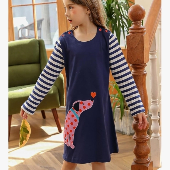 Bumeex Other - Navy Blue Striped Kids Nightgown with Dog Design